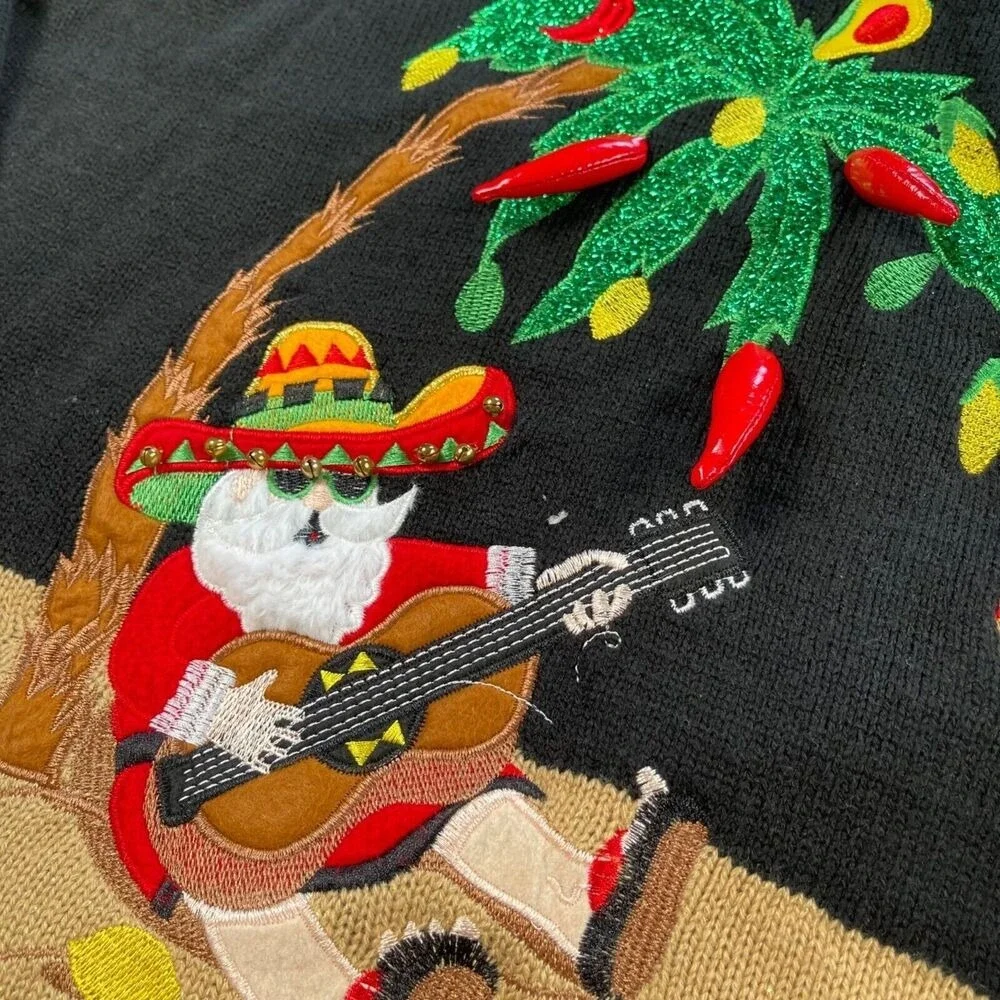 Feliz Navidad Ugly‎ Christmas Sweater 1X Embroidered Santa Reindeer Hot Peppers